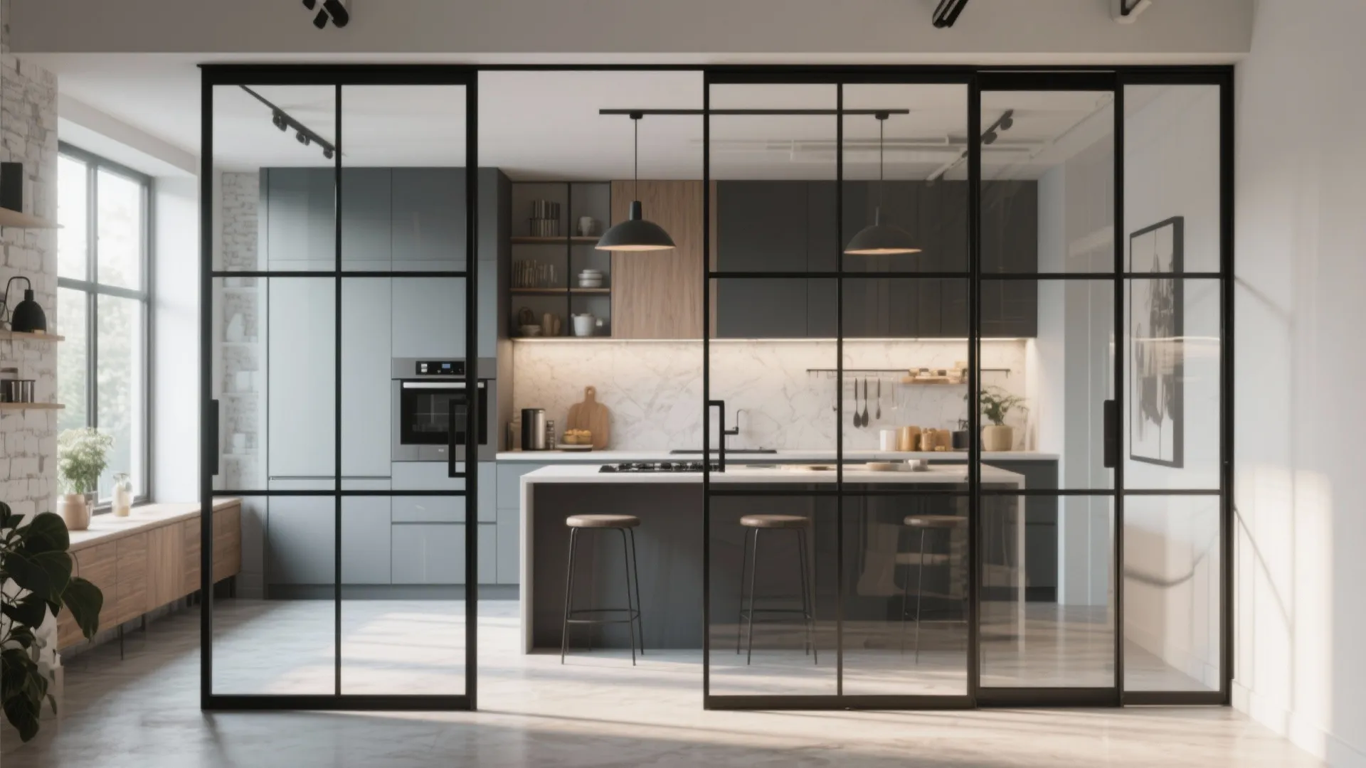 Minimalist grey kitchen with island and bar stools seen through black frame sliding glass windows