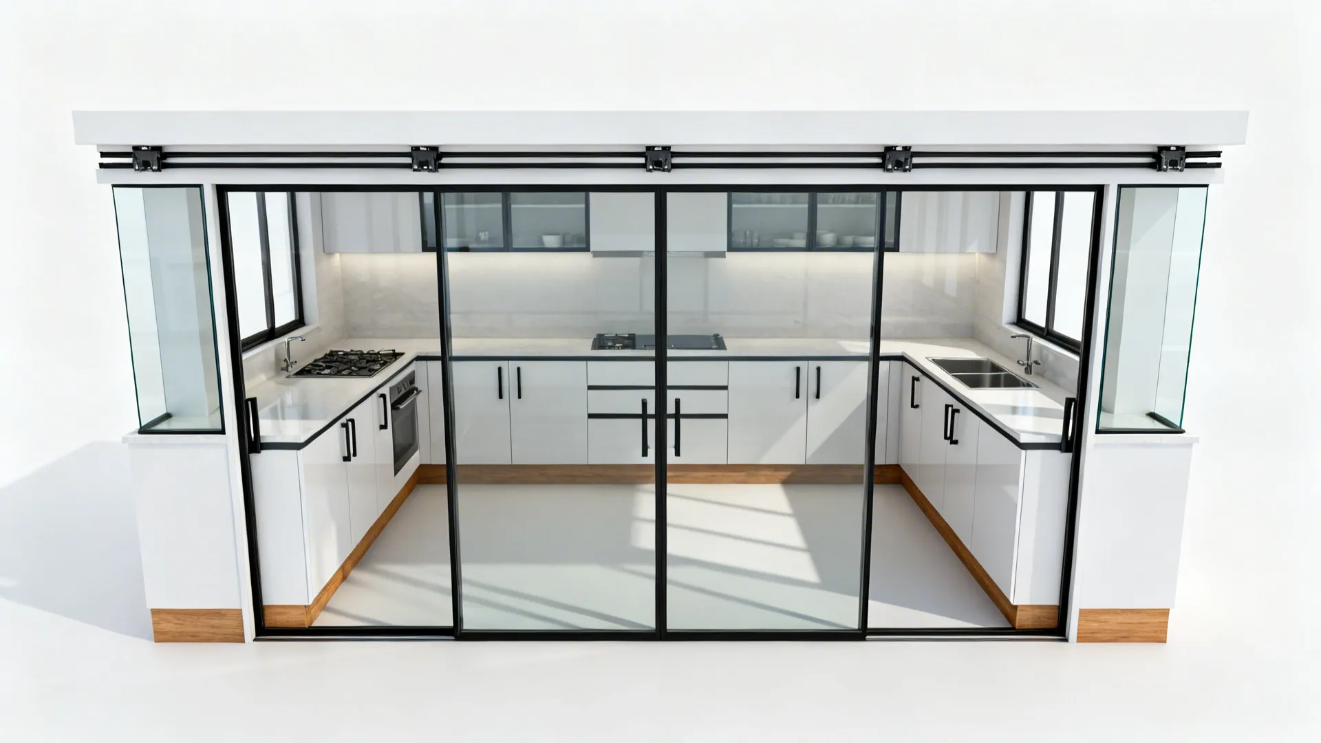 U-shaped kitchen with sliding glass cabinet fronts preserving wide aisle space.