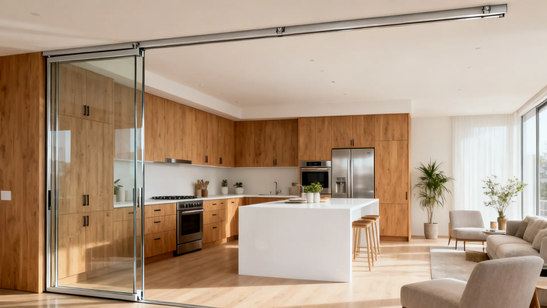 Top-hung sliding clear glass panels separating a modern kitchen and living area.