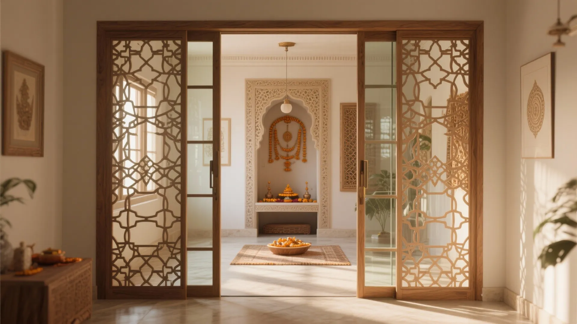 Sliding Glass Doors with Wooden Lattice Overlay