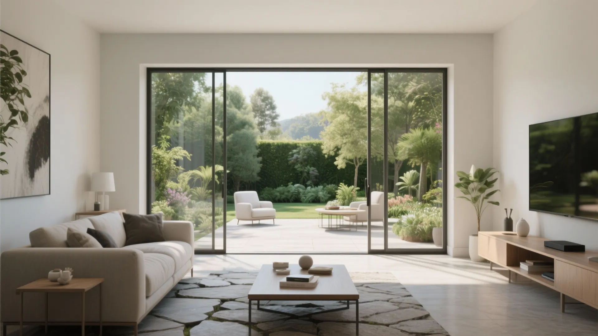 Modern living room with grey sofa and large sliding glass doors opening to a green garden