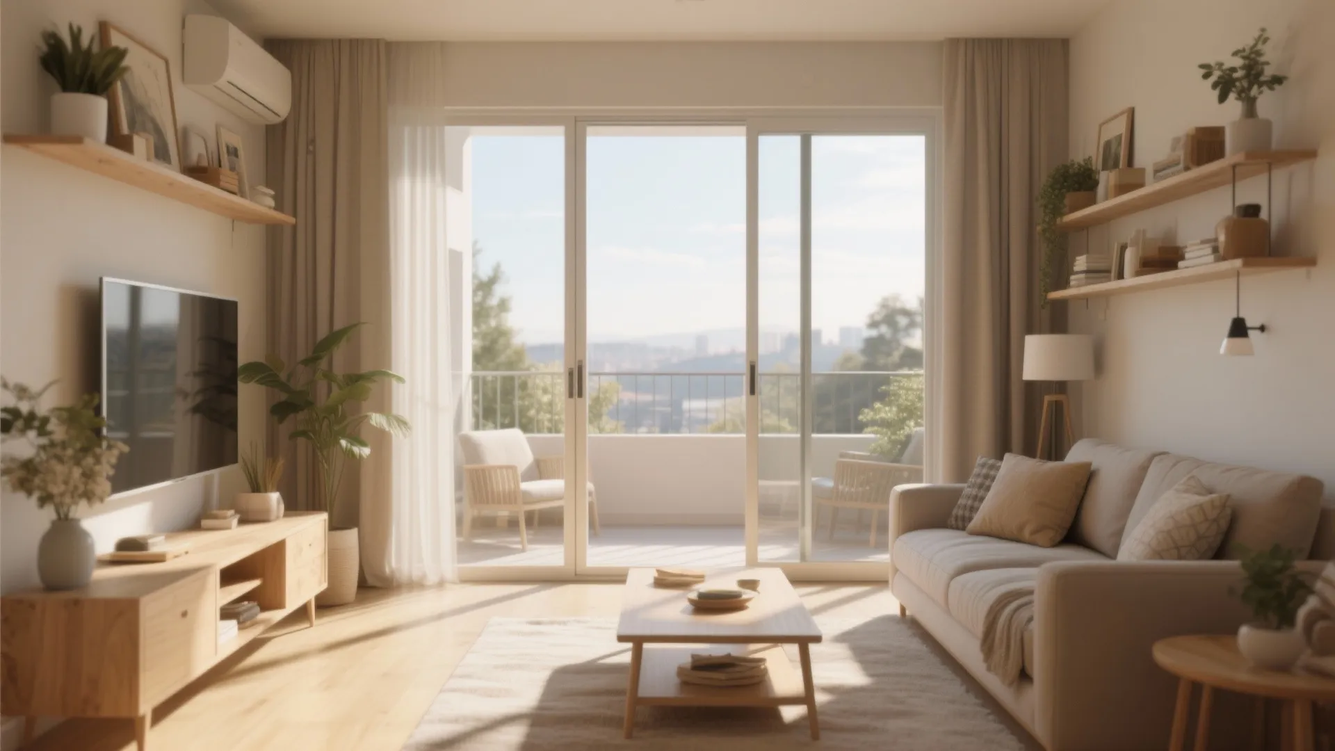Warm living room interior featuring sliding glass doors a light beige sofa and wooden television cabinet