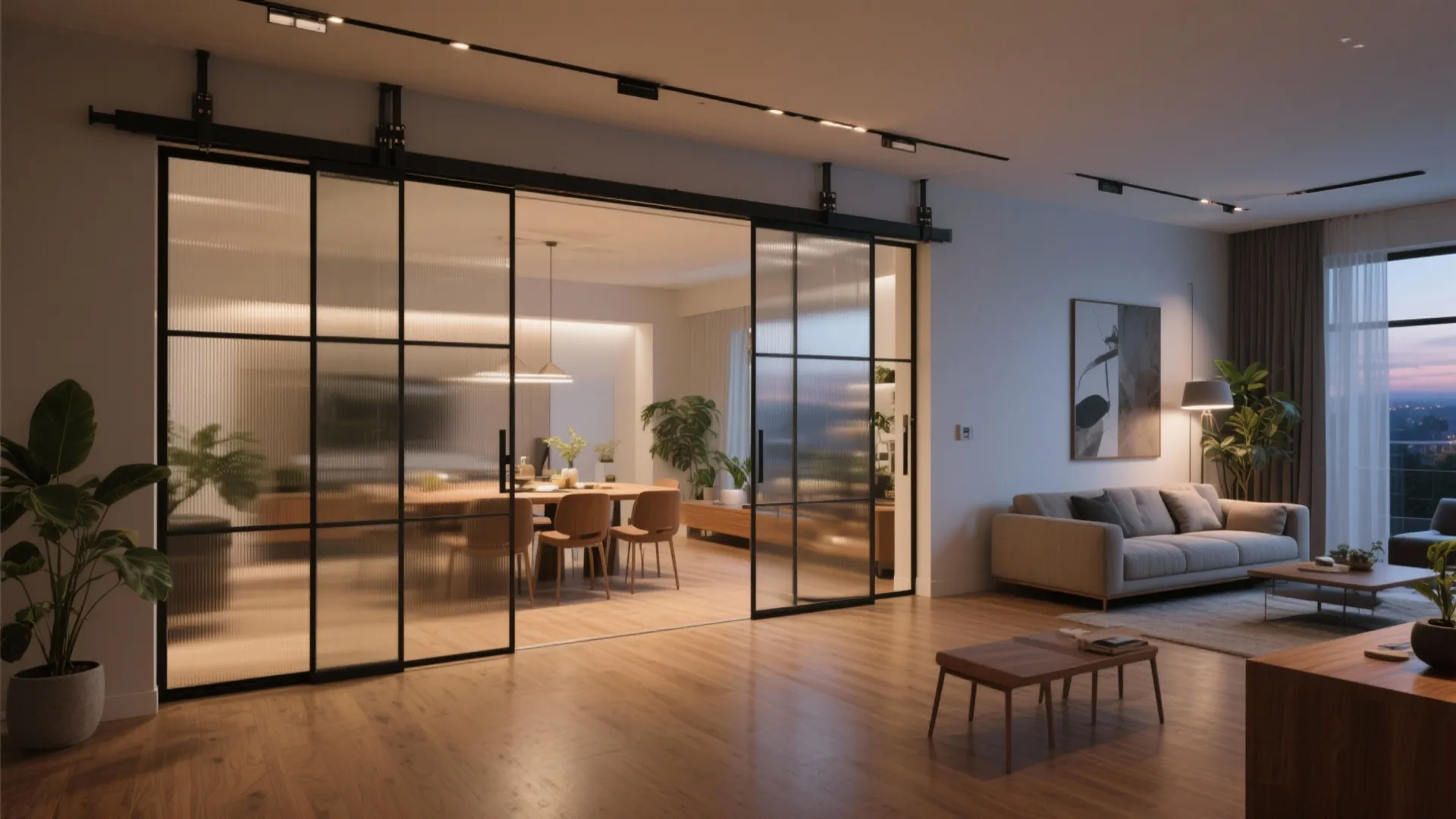 2) Sliding or pocket glass panels for flexible flow