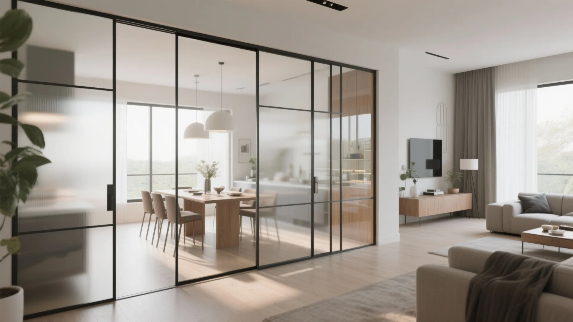 Black framed sliding glass panels separating a modern dining room from a bright living area
