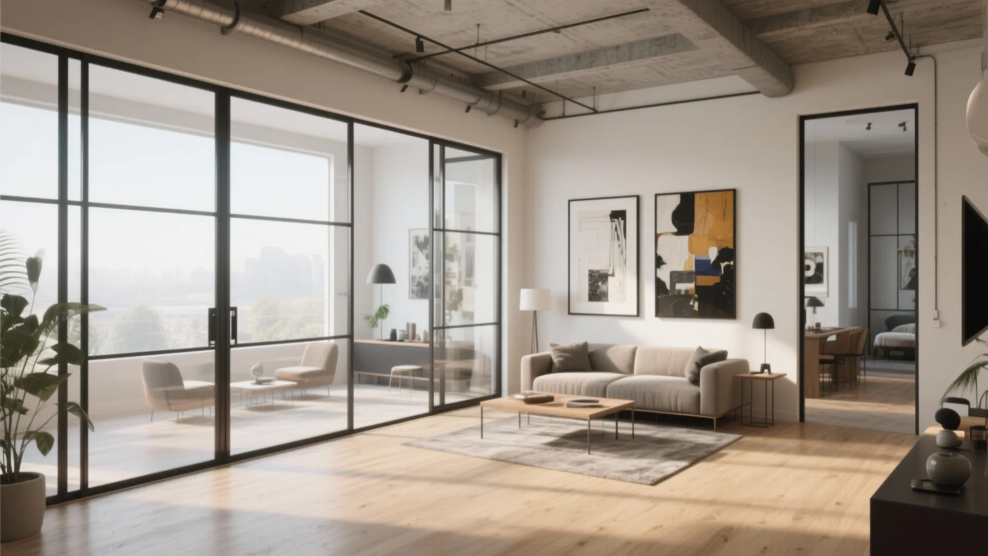 Industrial style living room with large glass sliding panels exposed concrete ceiling and grey sofa