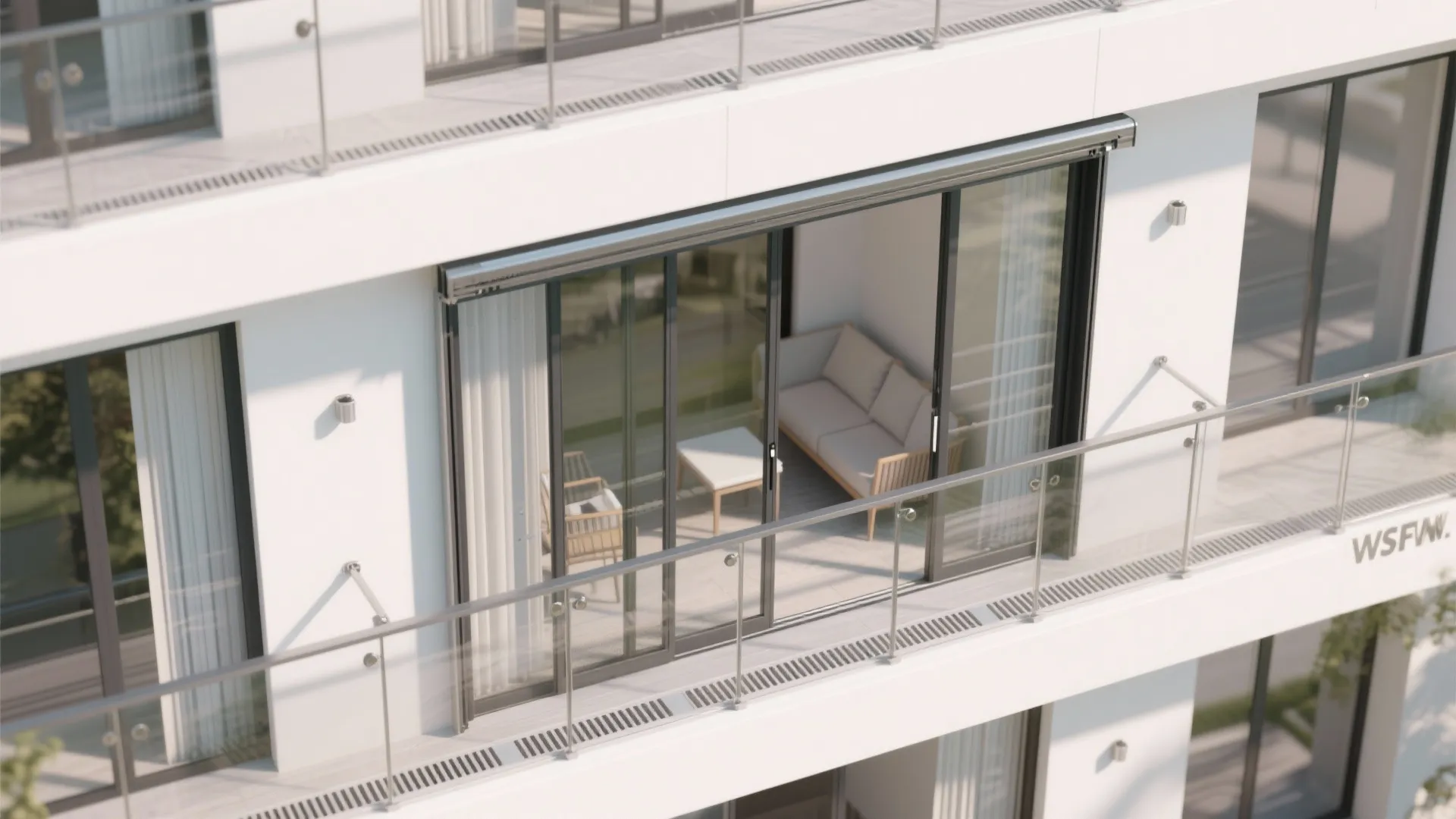 Top-down view of a balcony with sliding glass panels, tracks, vents, and stacking layout.