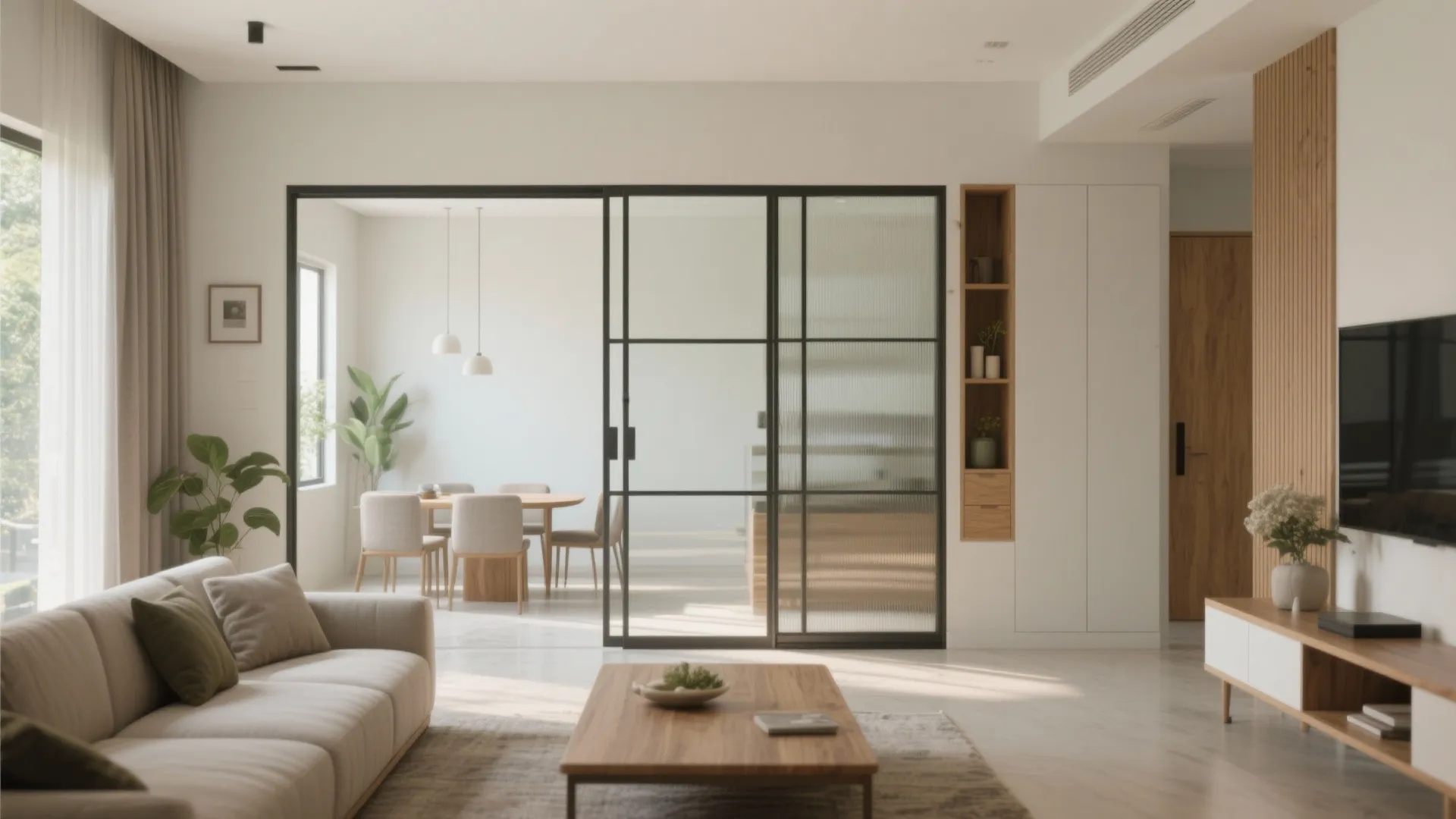 Sliding Glass Partition for Flexible Living-Dining