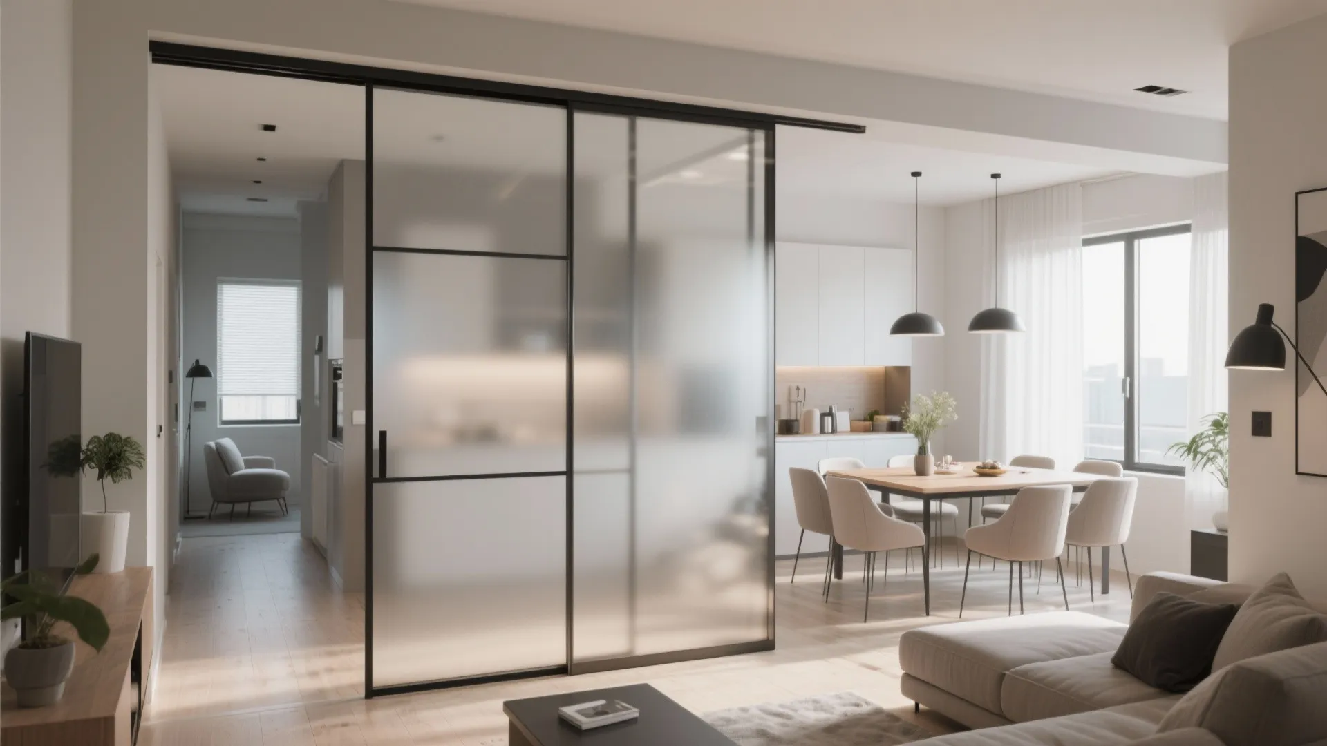Modern dining room featuring frosted glass sliding doors with black frames and a wooden table