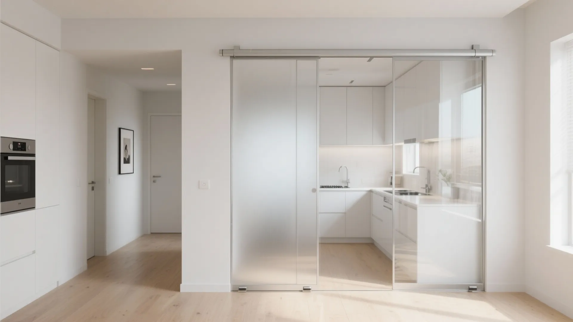 Modern white kitchen seen through a sliding glass door with a minimalist metal frame design