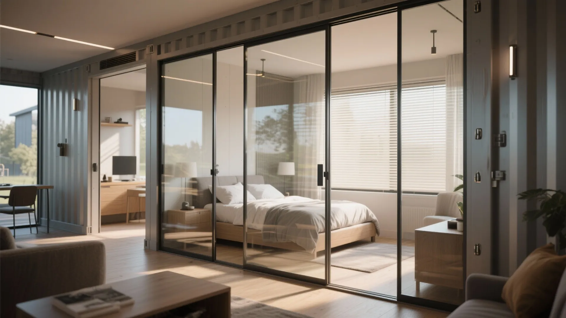 Sliding glass partitions inside a container home separating a bedroom while preserving daylight.