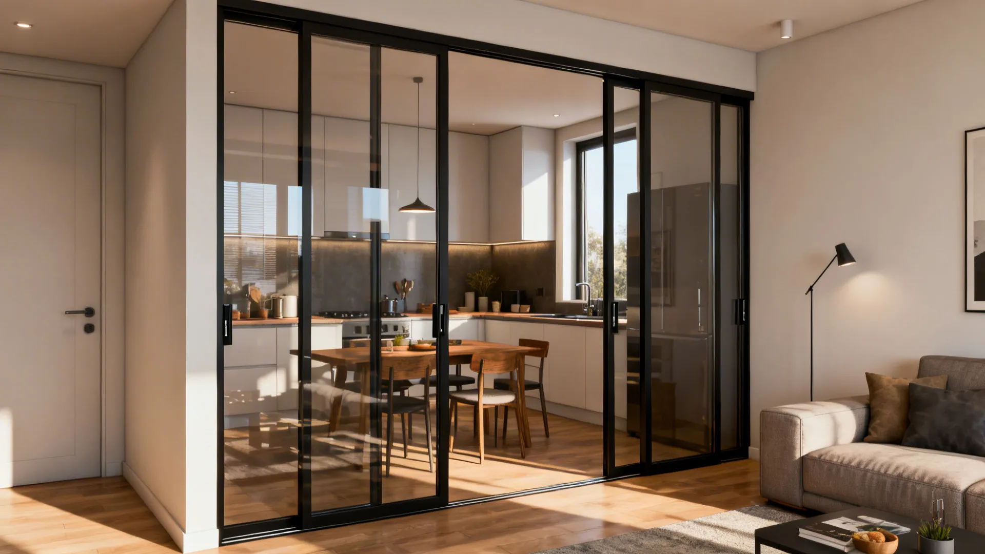 Sliding glass panels with slim frames partially open, separating kitchen and living area while keeping light.