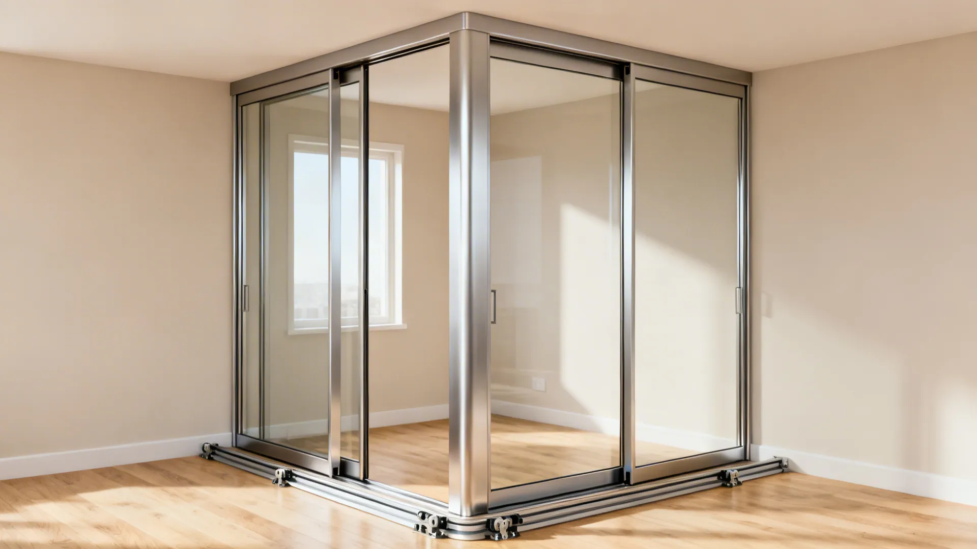 A 3-panel sliding glass partition in a compact den, with slim aluminum frames and soft daylight.