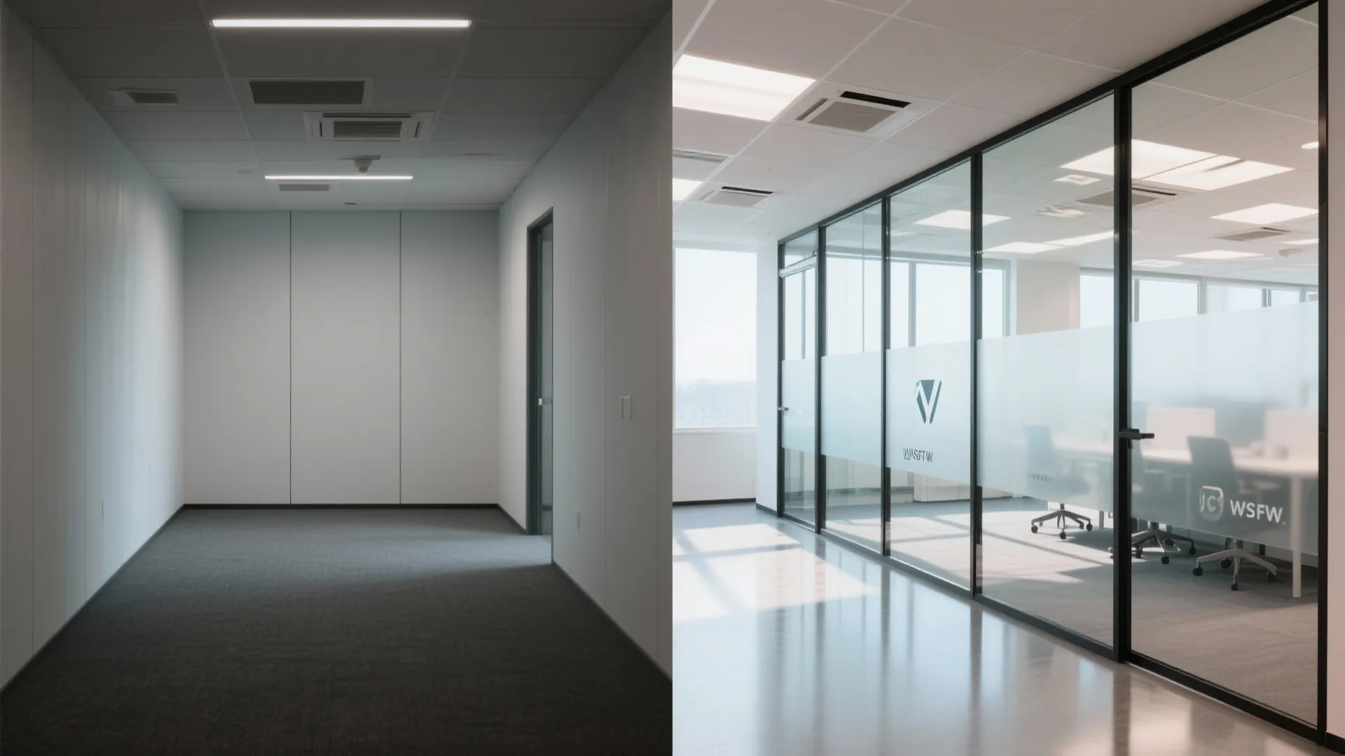 Modern office interior with black frame glass wall partitions and frosted privacy film on glass