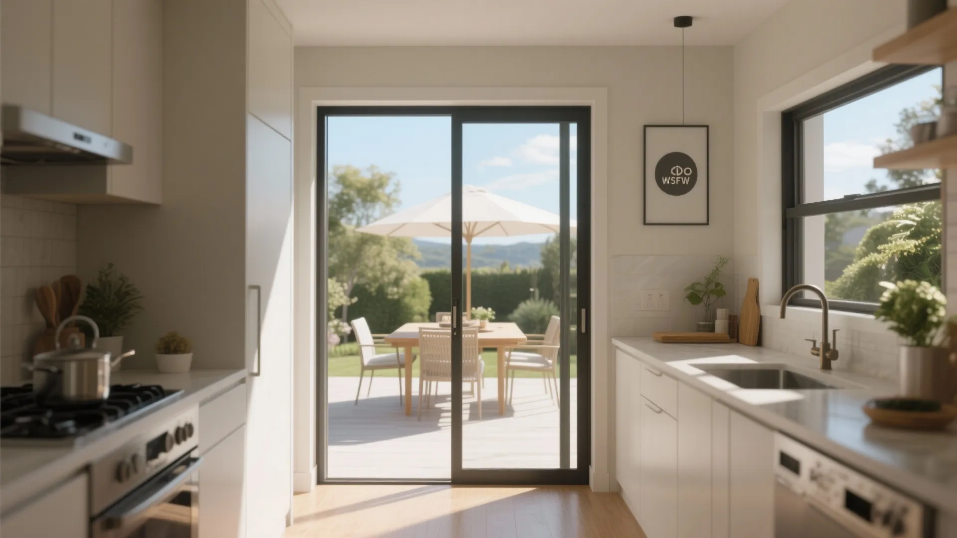 Modern white kitchen with sliding glass doors opening to an outdoor patio with dining set