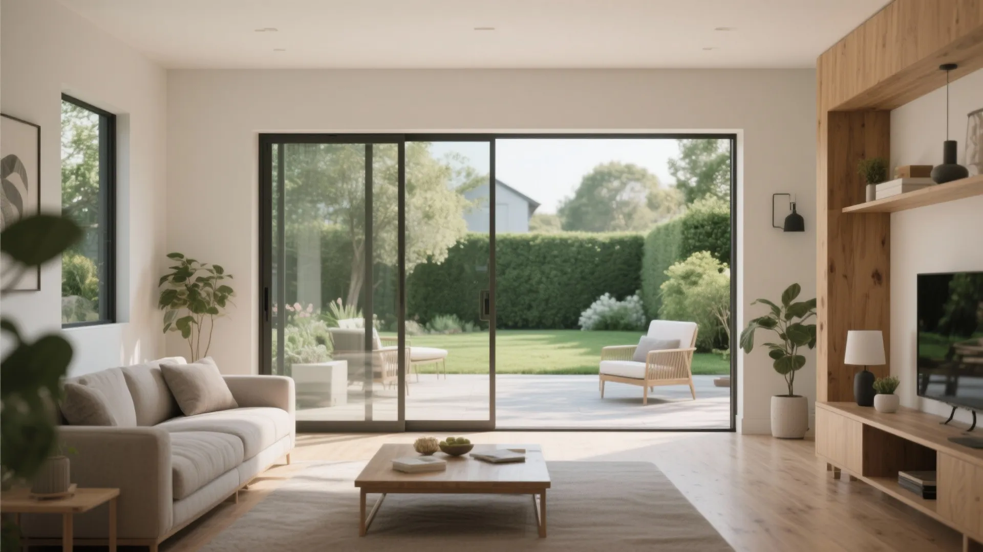 Living room with beige sofa wood coffee table and sliding glass doors opening to garden