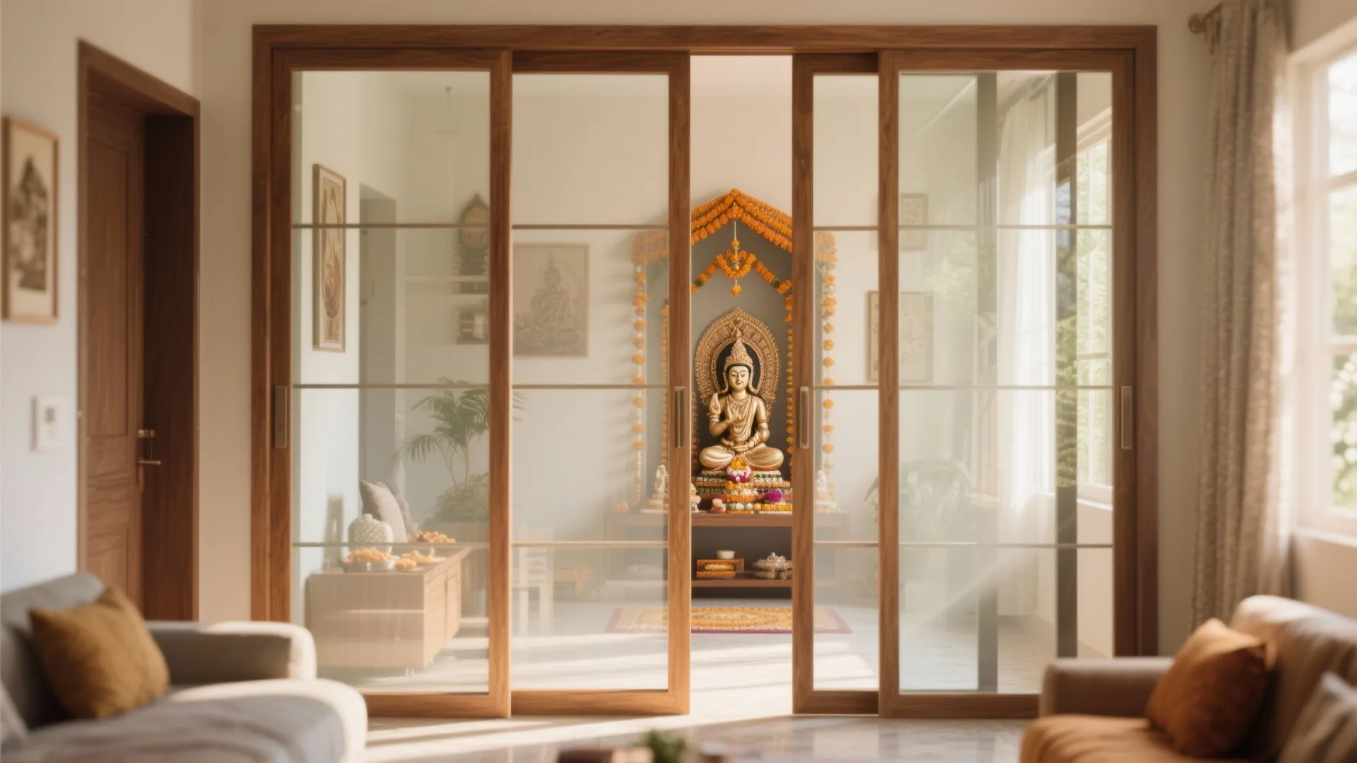 Elegant prayer space behind wooden frame glass doors with a large central gold statue decoration