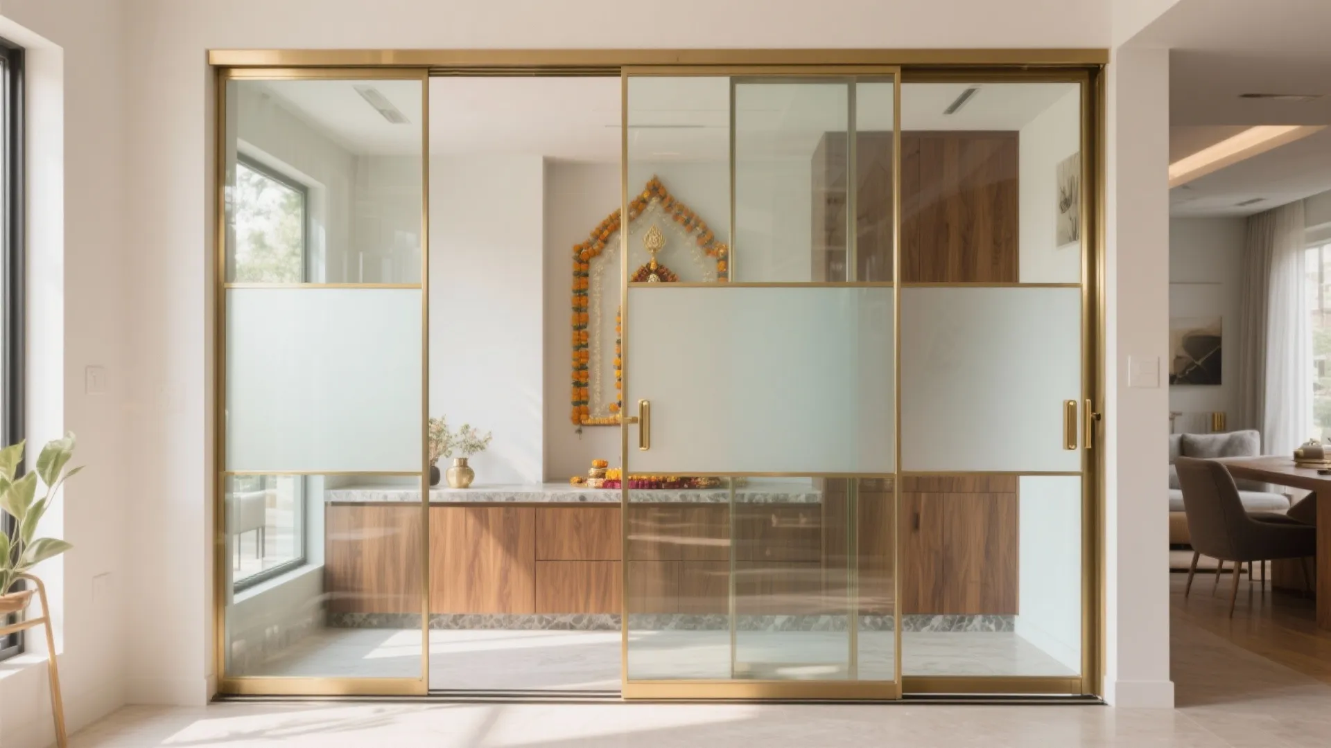 Sliding Glass Pooja Enclosure With Satin Brass Channel