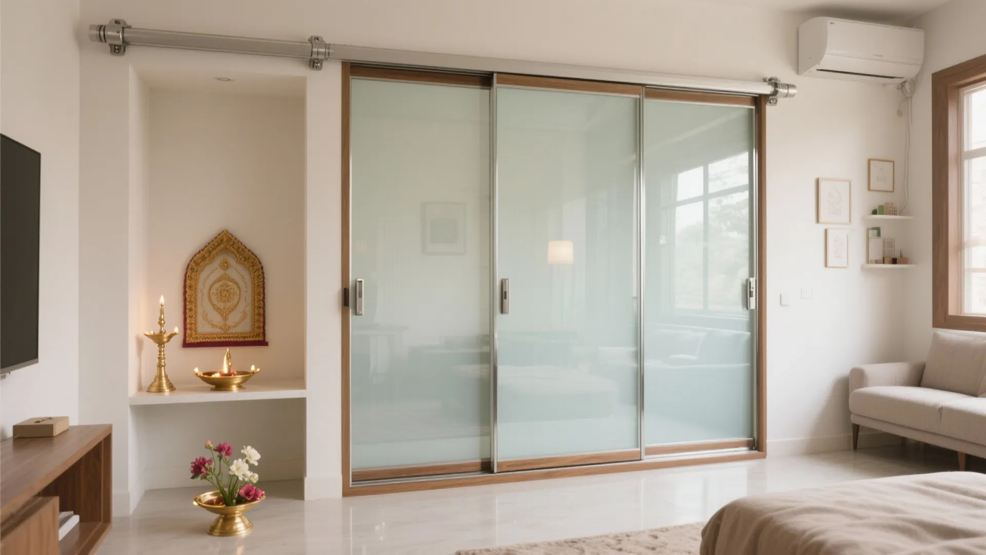 Modern living room with large frosted glass sliding doors wooden trim and a decorative wall