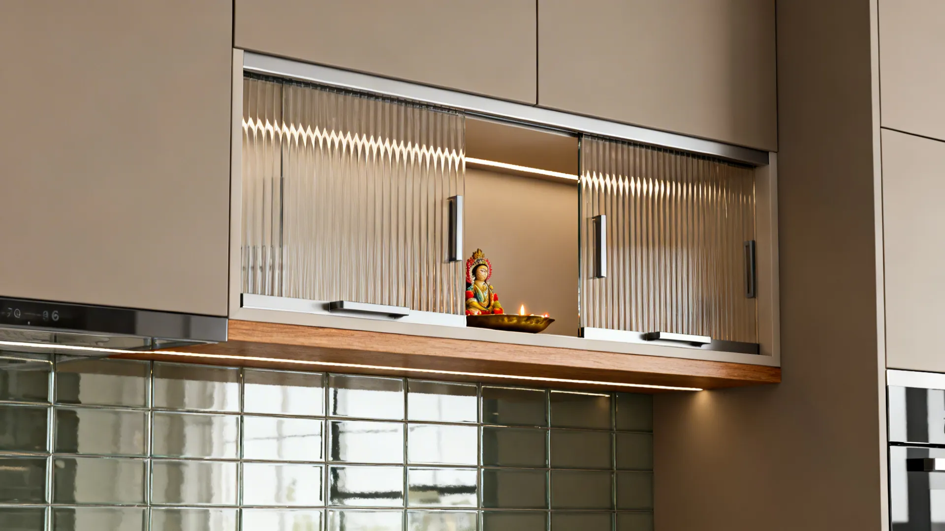 Floating pooja cabinet above a kitchen backsplash with sliding fluted-glass doors and warm LEDs.