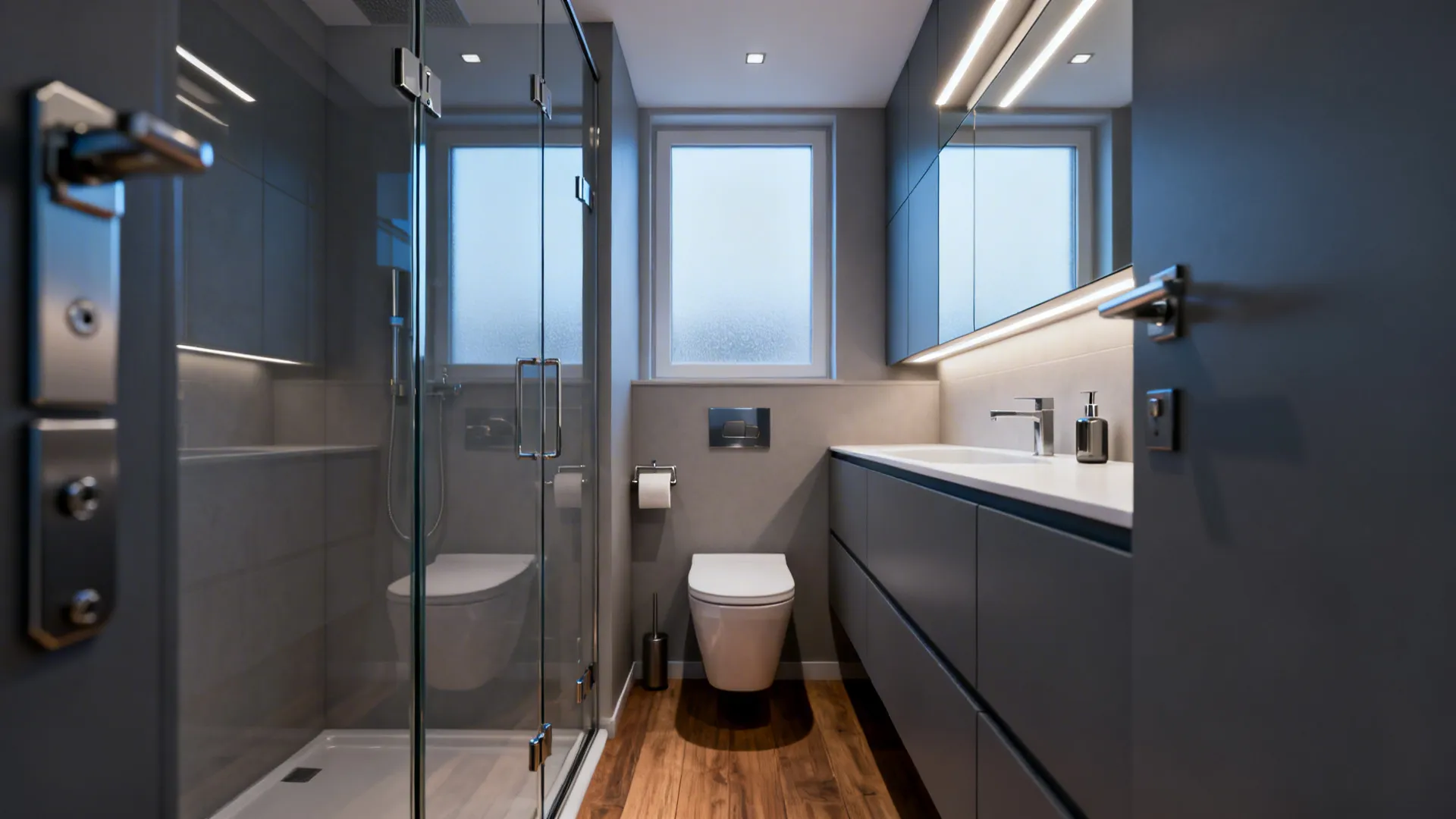 Narrow bathroom with frameless sliding shower glass panel and wall-hung vanity.