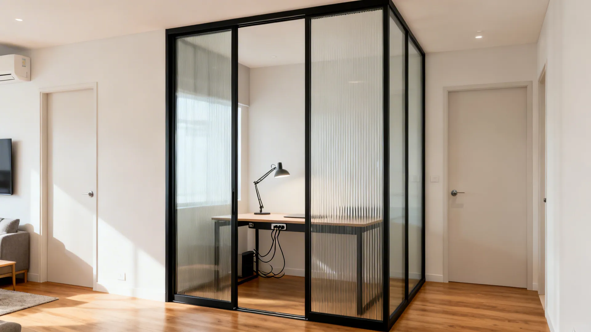 Open study nook with black-framed sliding glass partition, compact desk, and warm wood floors in an HDB living area.