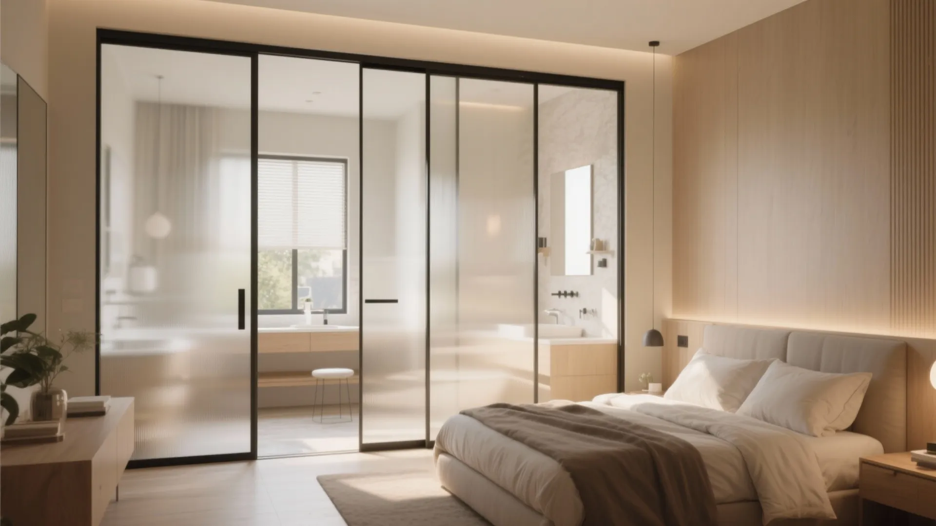 Modern bedroom with wooden wall panel sliding glass doors leading to a bright bathroom with sink