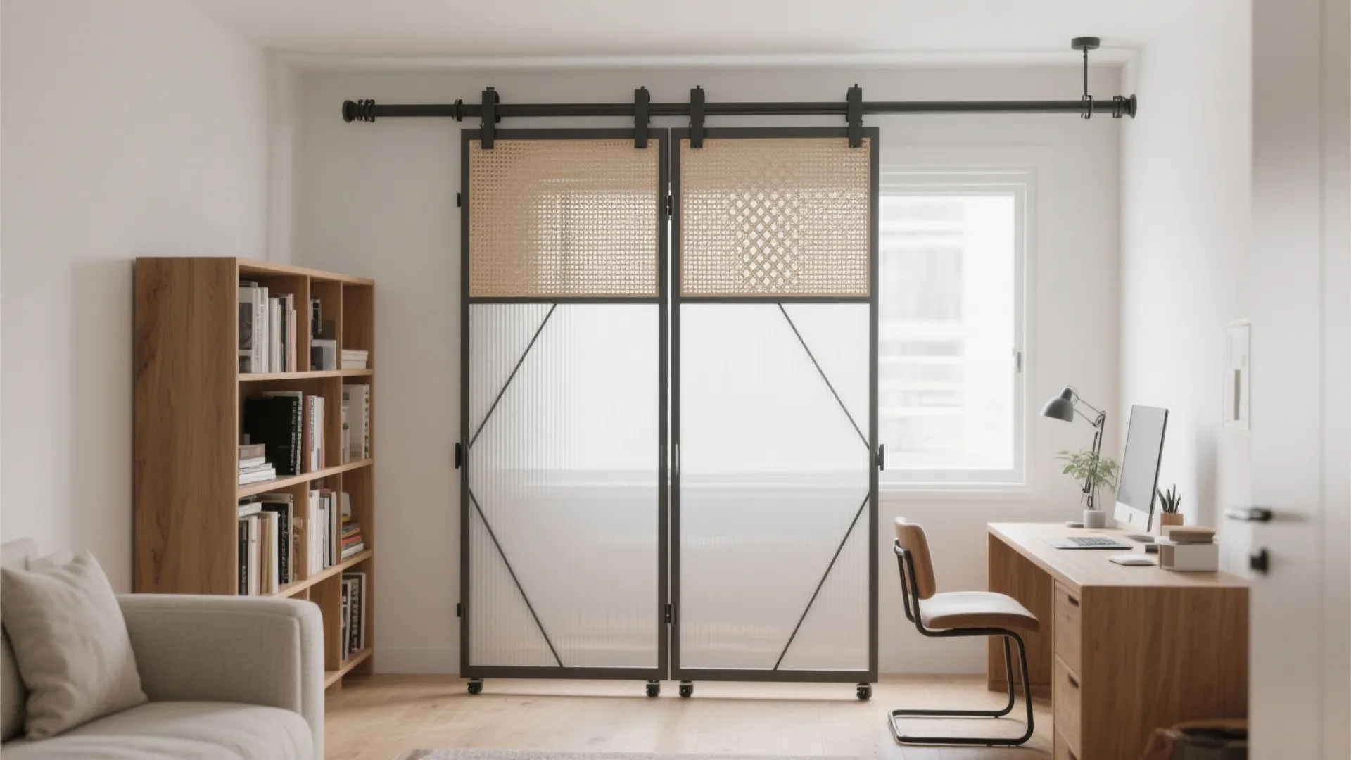 Modern home office with sliding glass doors wooden bookshelf desk computer and bright window light