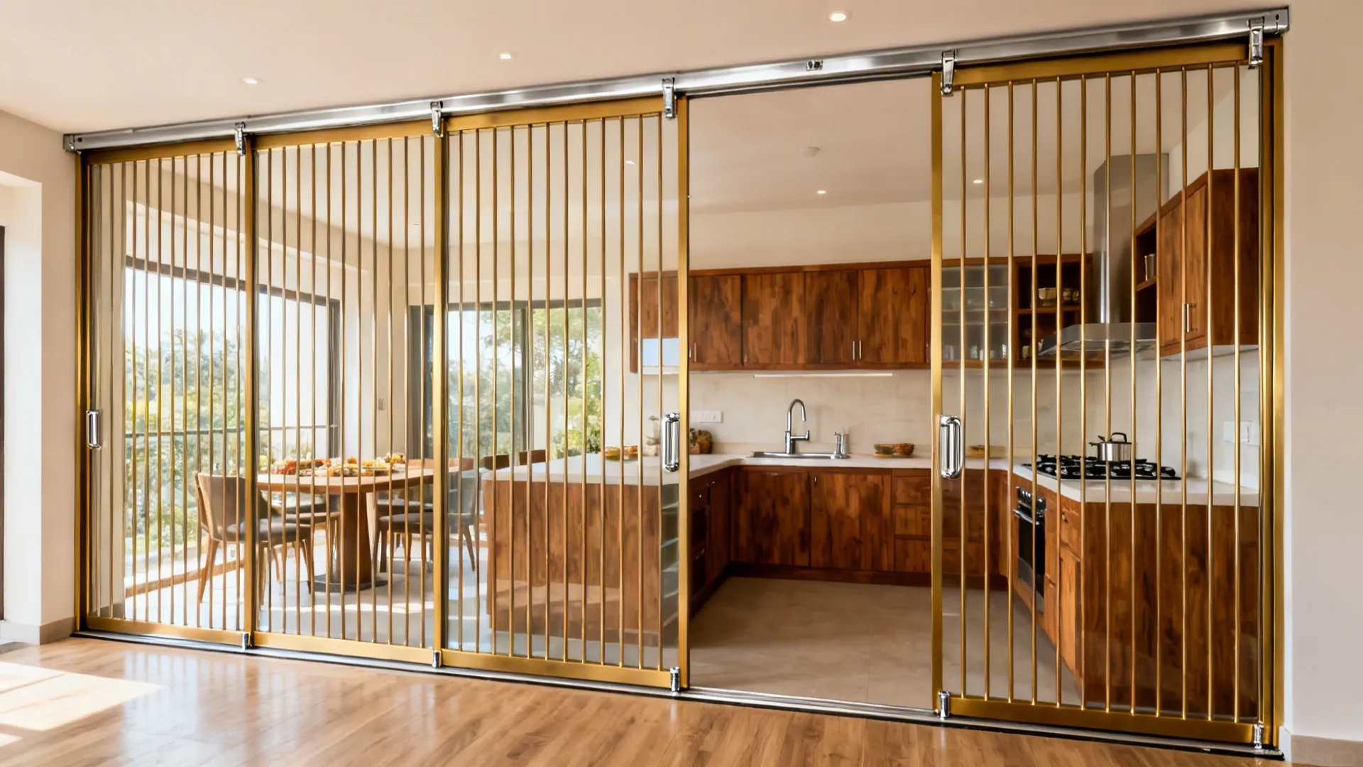 Top-hung sliding aluminium grill partition with brass-tint coating separates wet and dry kitchen zones.