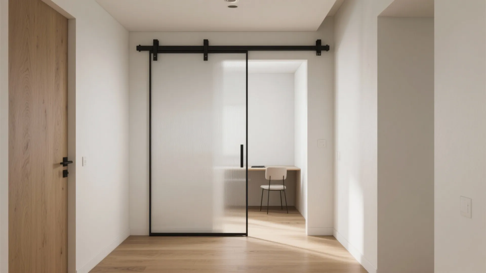 Minimalist home office with frosted glass sliding door wooden floor white walls and a simple desk