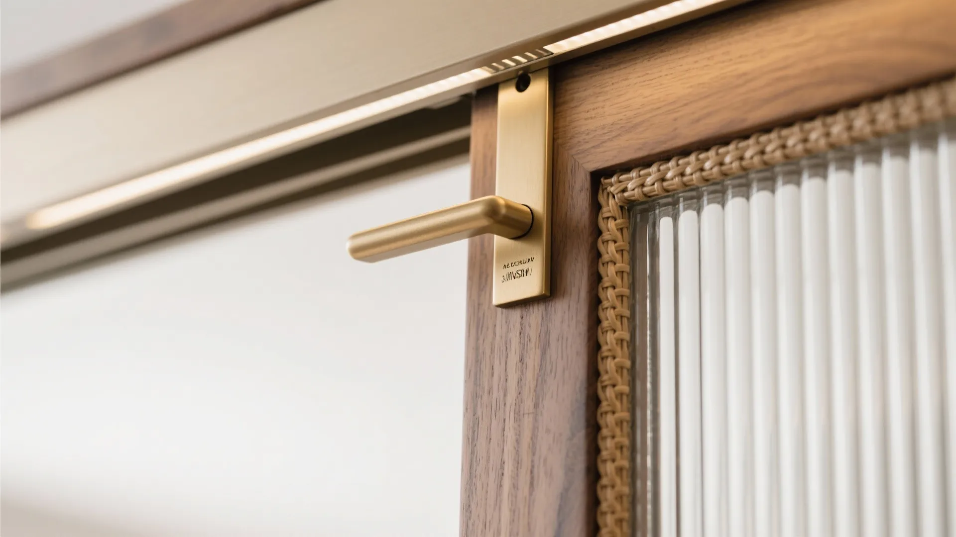 Macro of top-hung sliding door hardware on fluted wood with cane insert and brass handle.