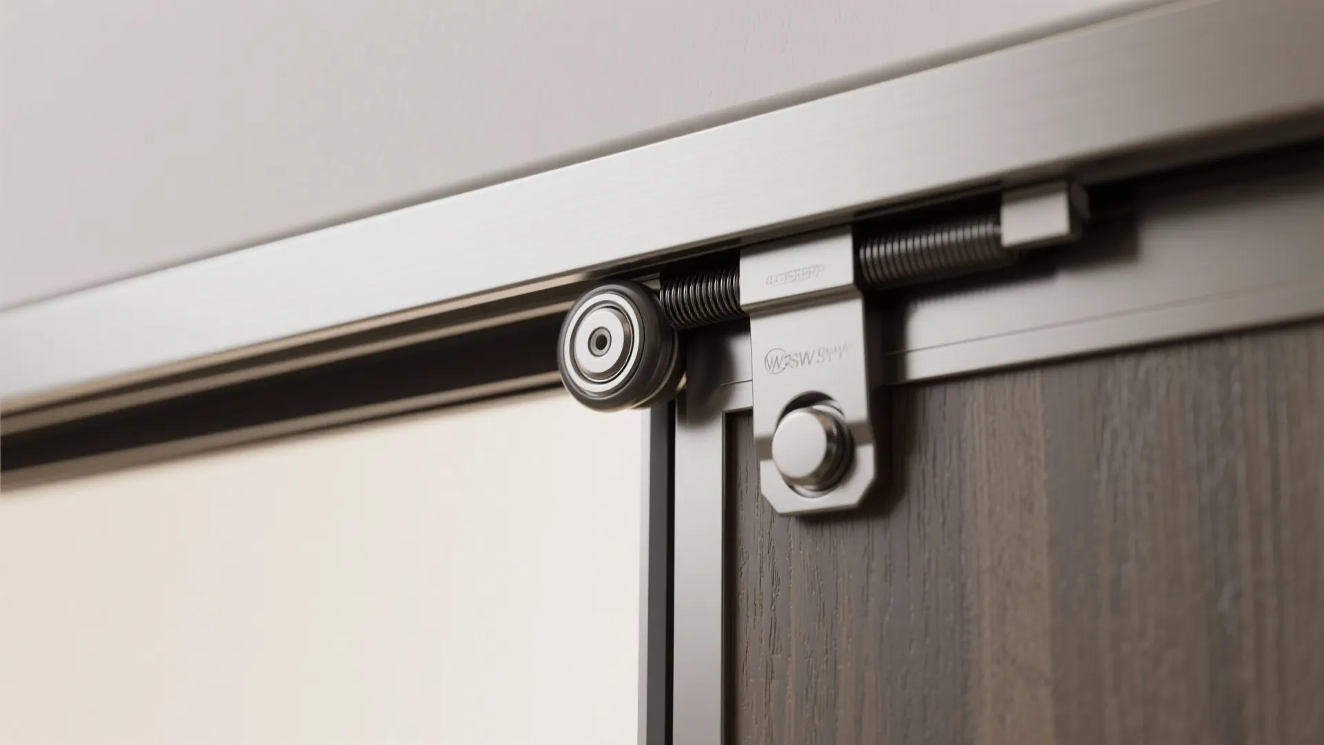 Macro of recessed sliding door guide with stainless roller and brush seal detail.