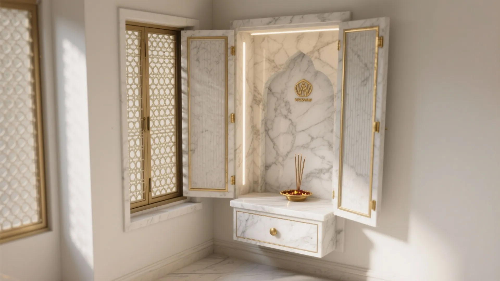 Sliding Jaali Doors in a Compact Corner Niche