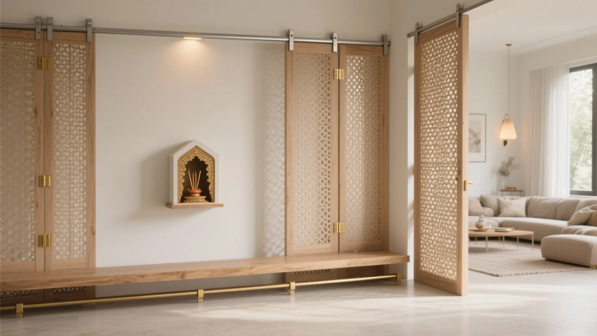 Sliding wooden screen doors with patterns separating a prayer area from a modern bright living space