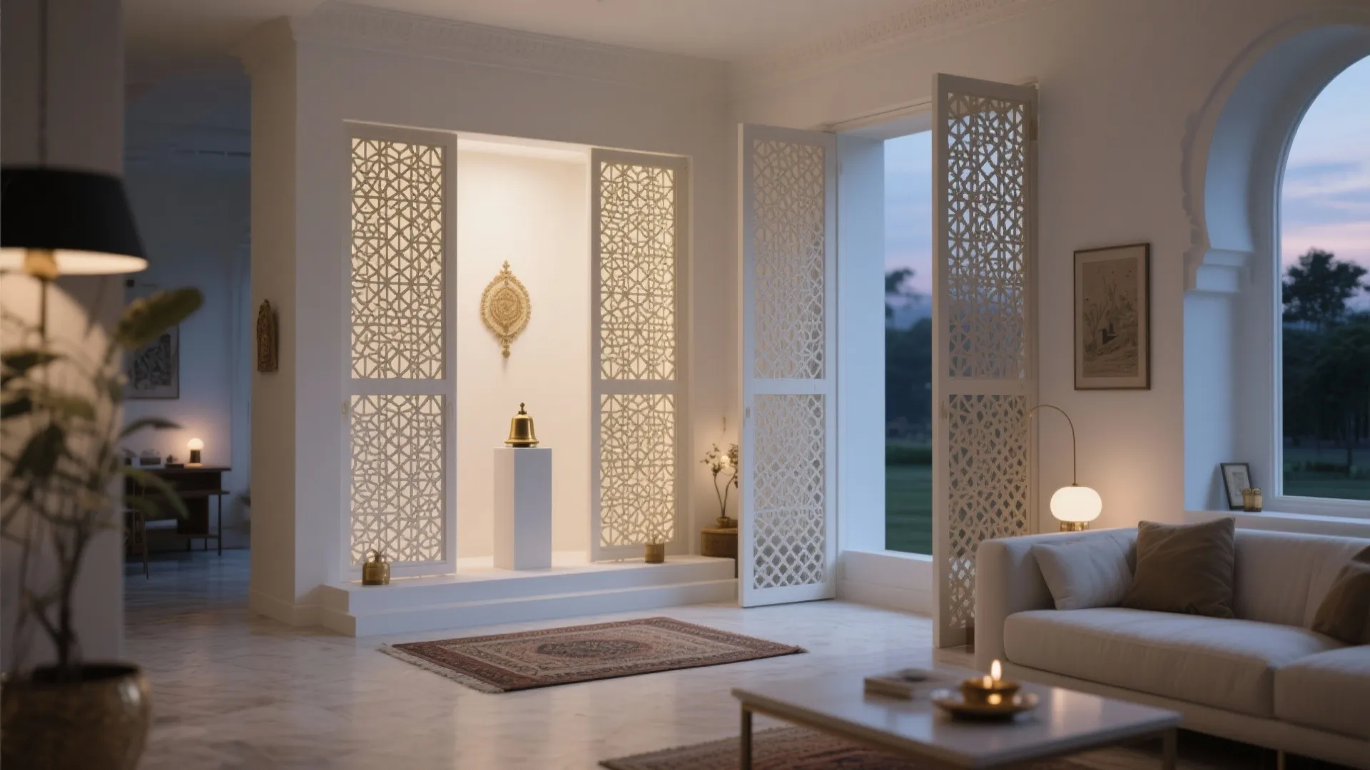 3) Sliding lattice partitions to carve a sacred corner