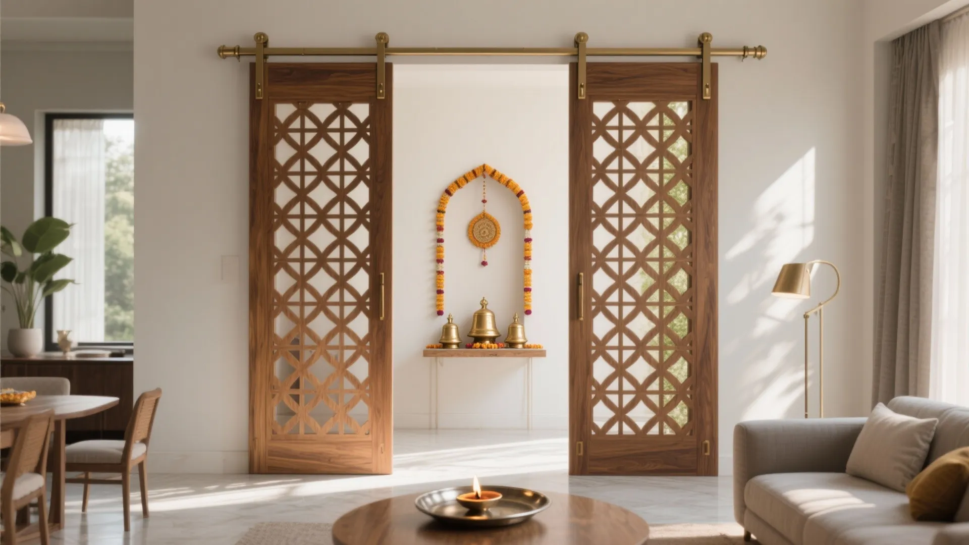 Modern living room with wooden sliding doors opening to a prayer space with warm lighting