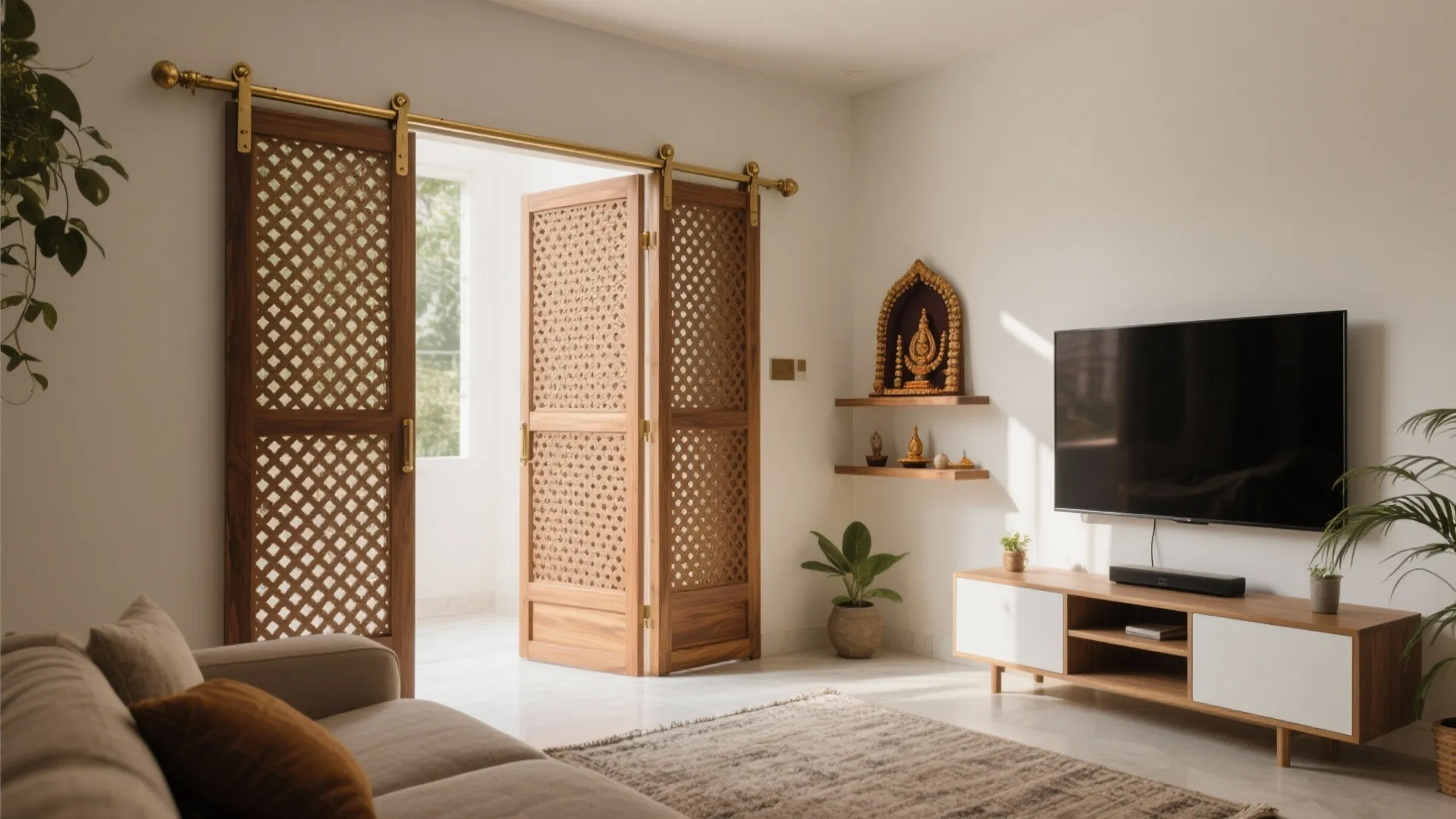 Sliding lattice screens to separate sacred and media zones