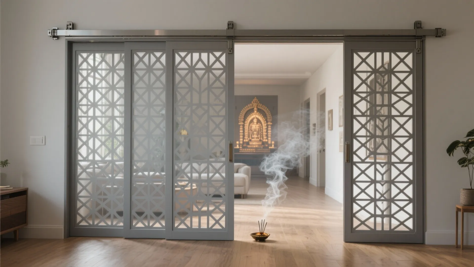 Modern grey sliding screen doors with geometric patterns leading to a peaceful indoor prayer room