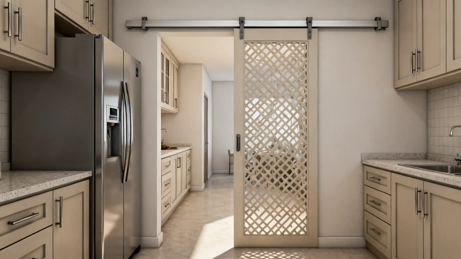 Top-hung sliding jali door frees floor space and keeps airflow in a tiny kitchen.