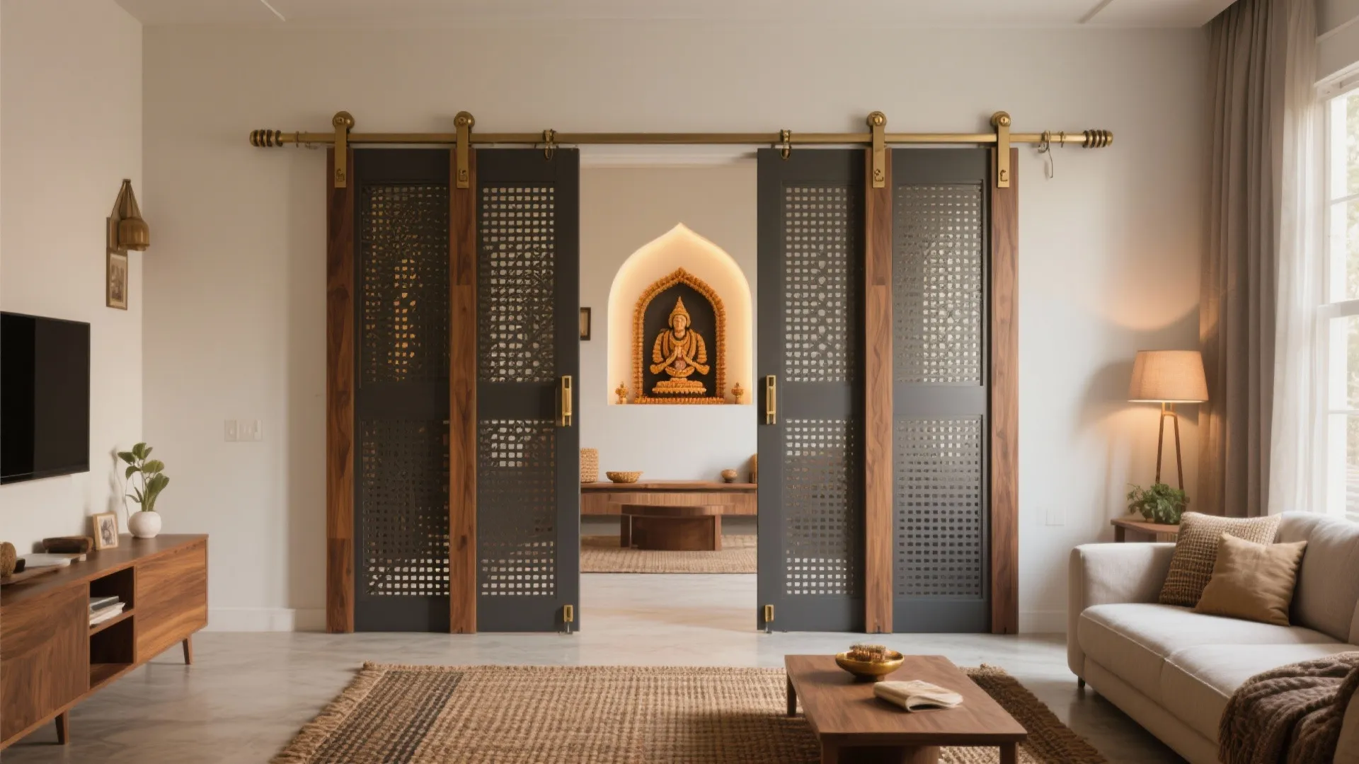Sliding Jali Doors to Create a Flexible Pooja Niche