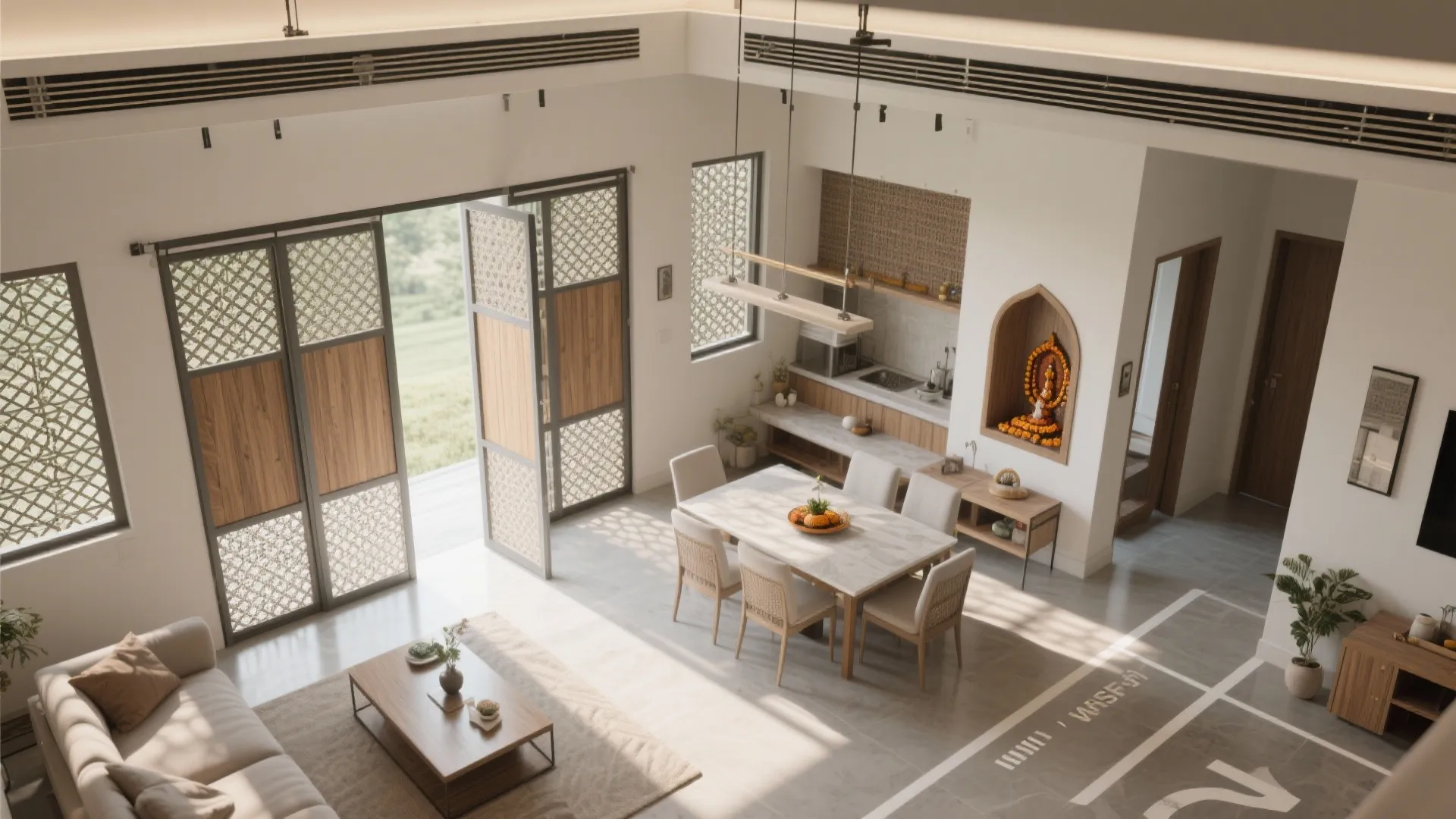 Sliding jali screens to flex privacy in open plans