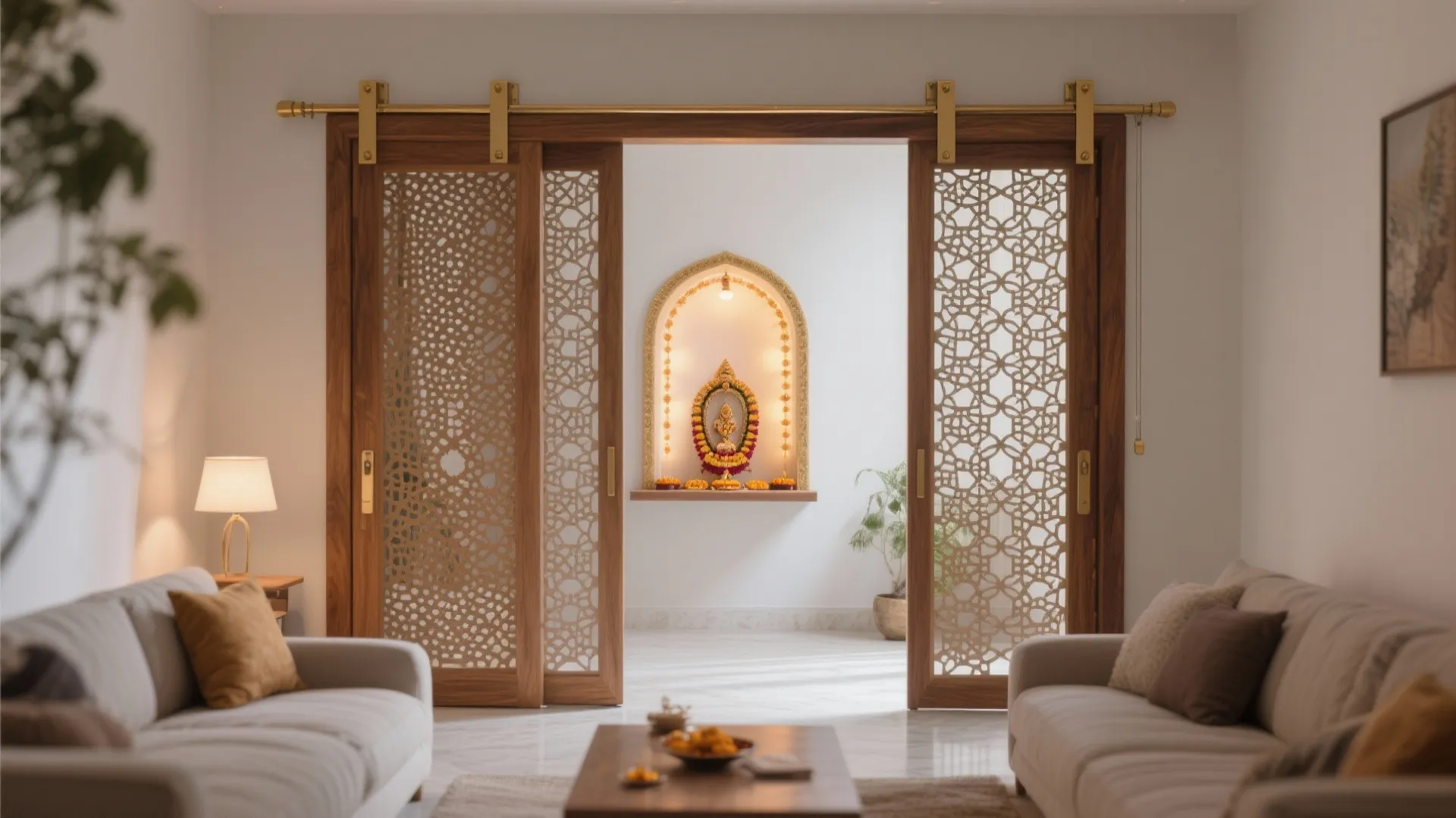 Compact pooja corner with top-hung sliding jali screens and warm interior glow.