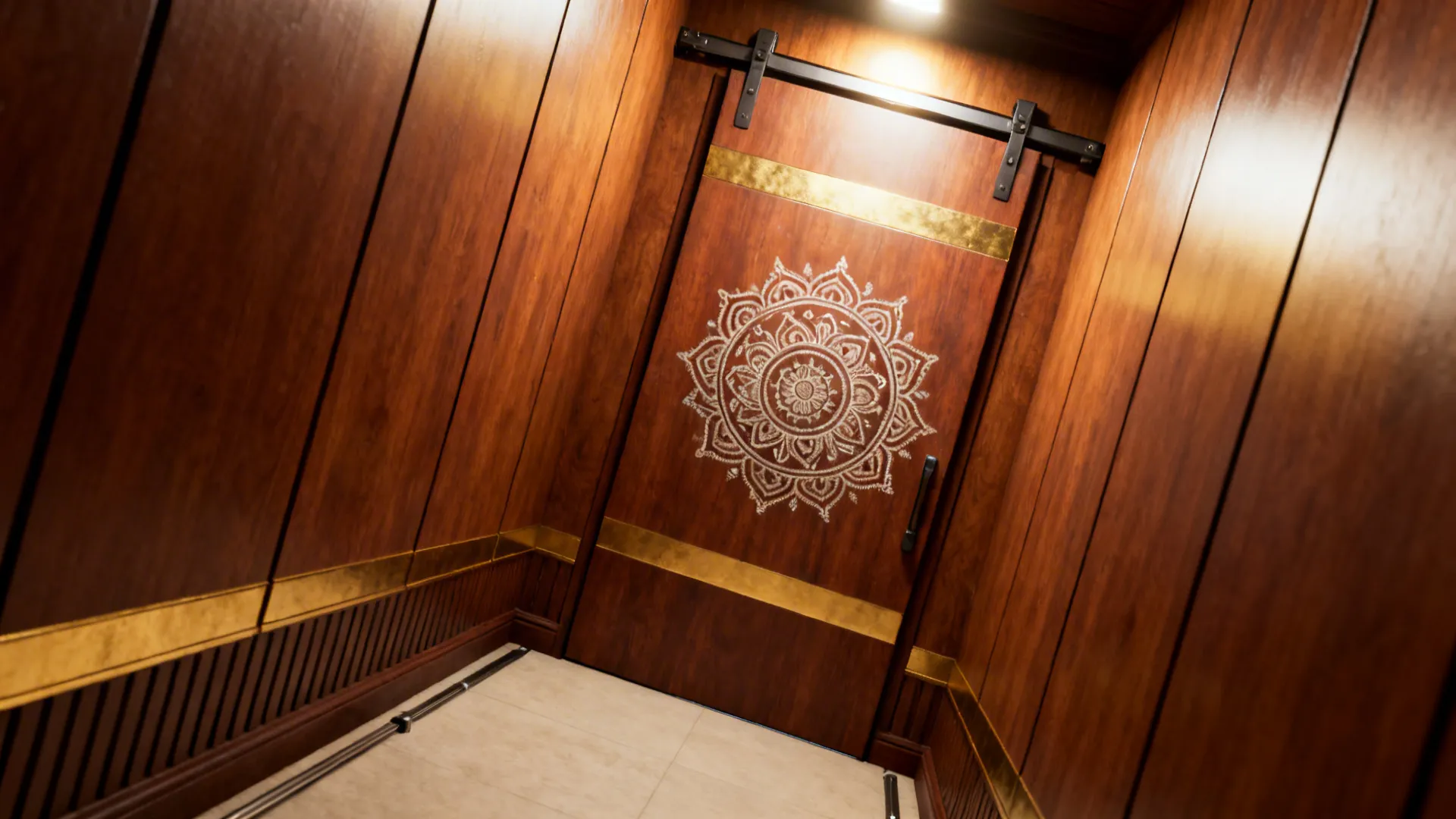 Top-hung sliding pooja door with kolam motifs and brass inlay in a compact corridor.