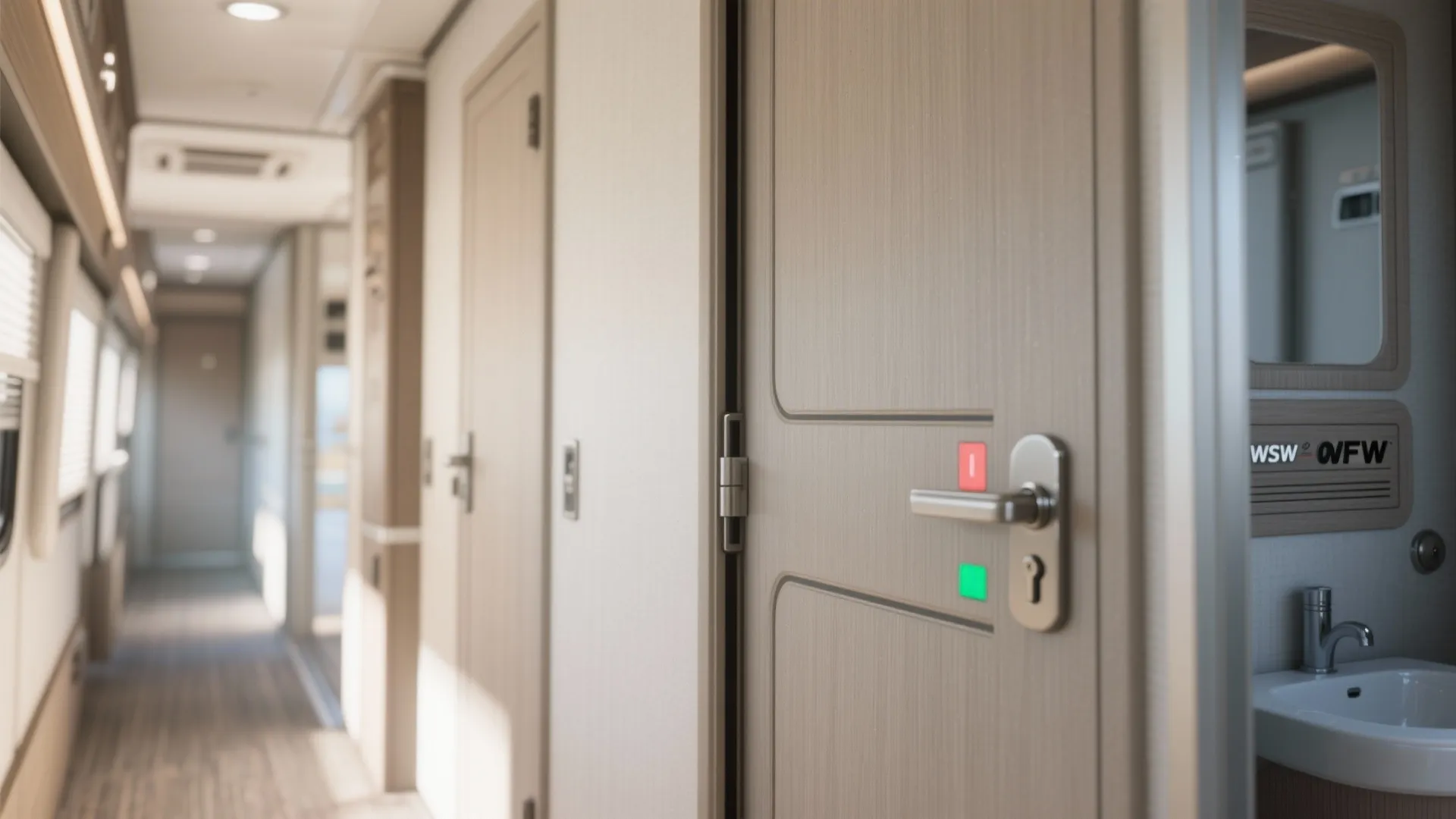 RV corridor and bathroom door using a pocket-friendly sliding latch with occupied indicator