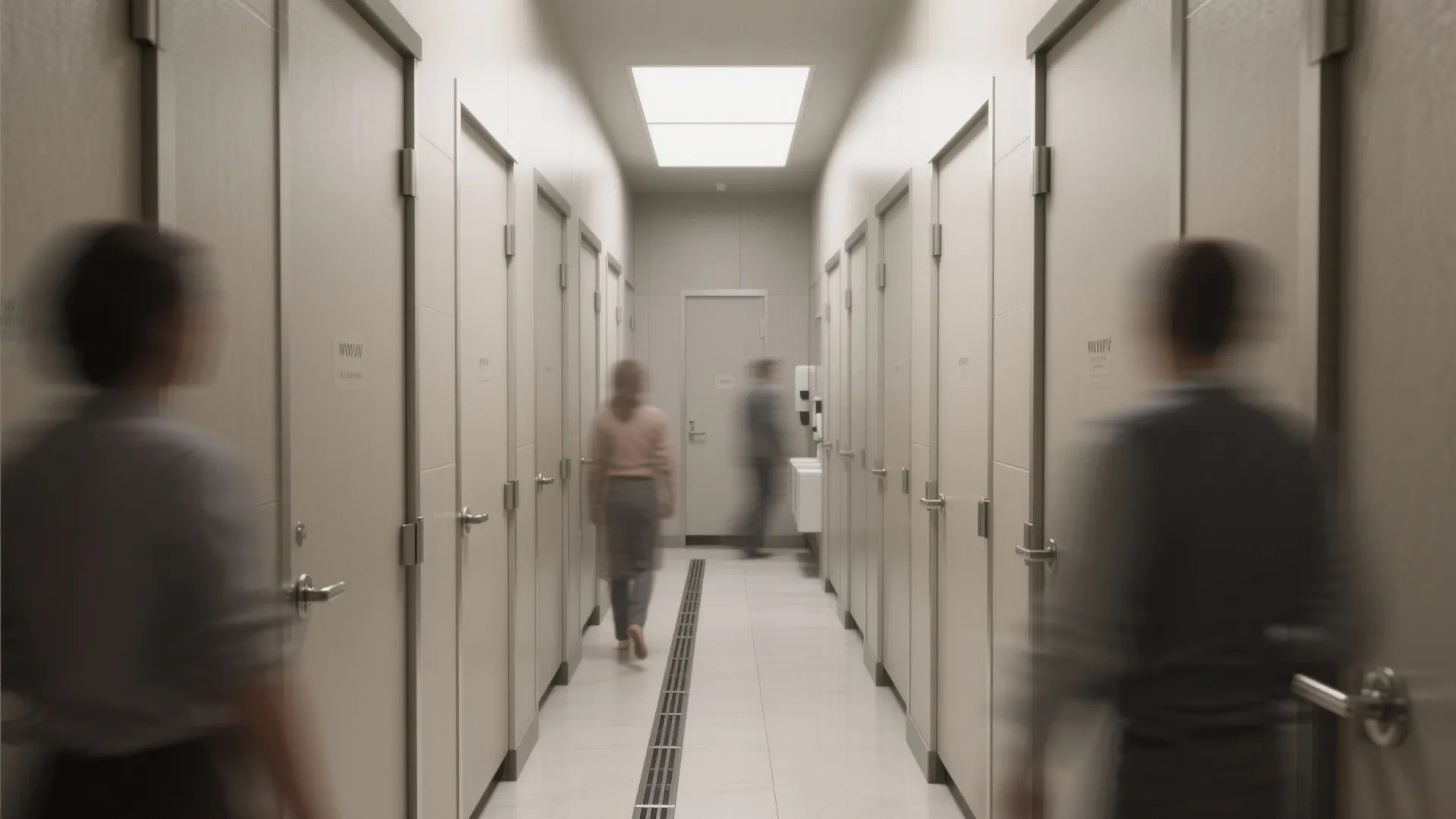 Narrow restroom aisle with sliding-door stalls and low-profile latches saving clearance