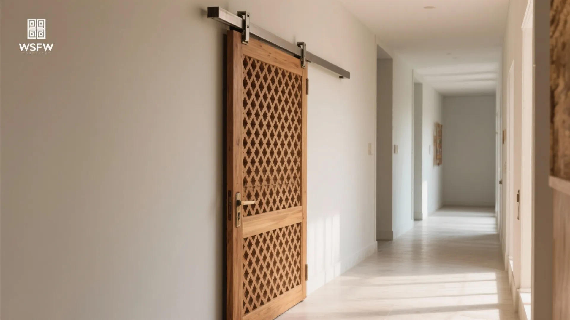 Wooden sliding door with lattice pattern design on a metal track in a white hallway