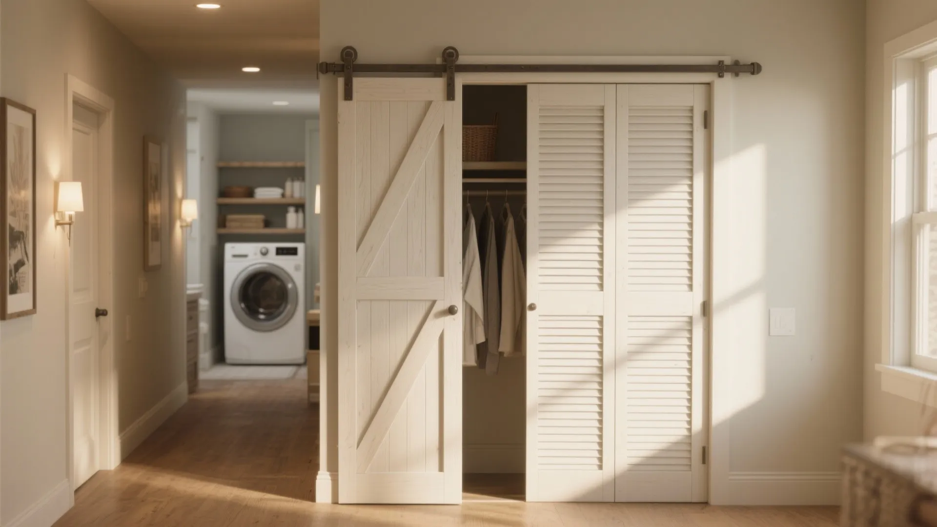 Sliding barn door or bi-folds to hide the work