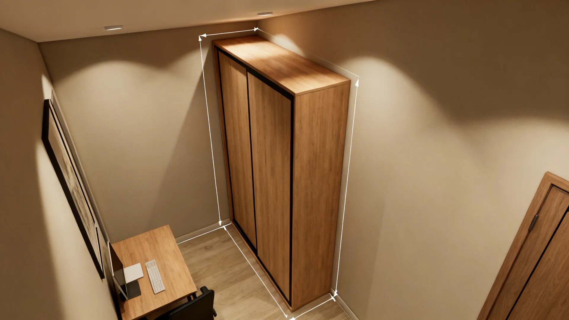 Top-down layout showing sliding-door pooja cabinet saving aisle space.