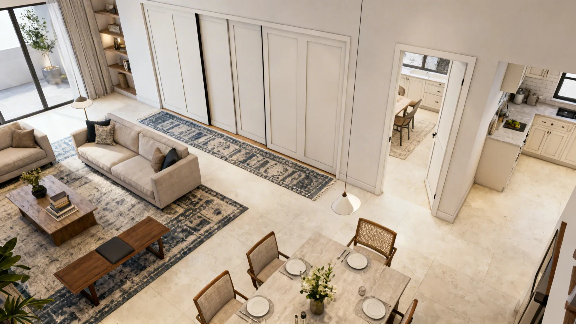 Top-down plan view showing sliding panel alignment, pocket cavity, and clear circulation between living and dining.