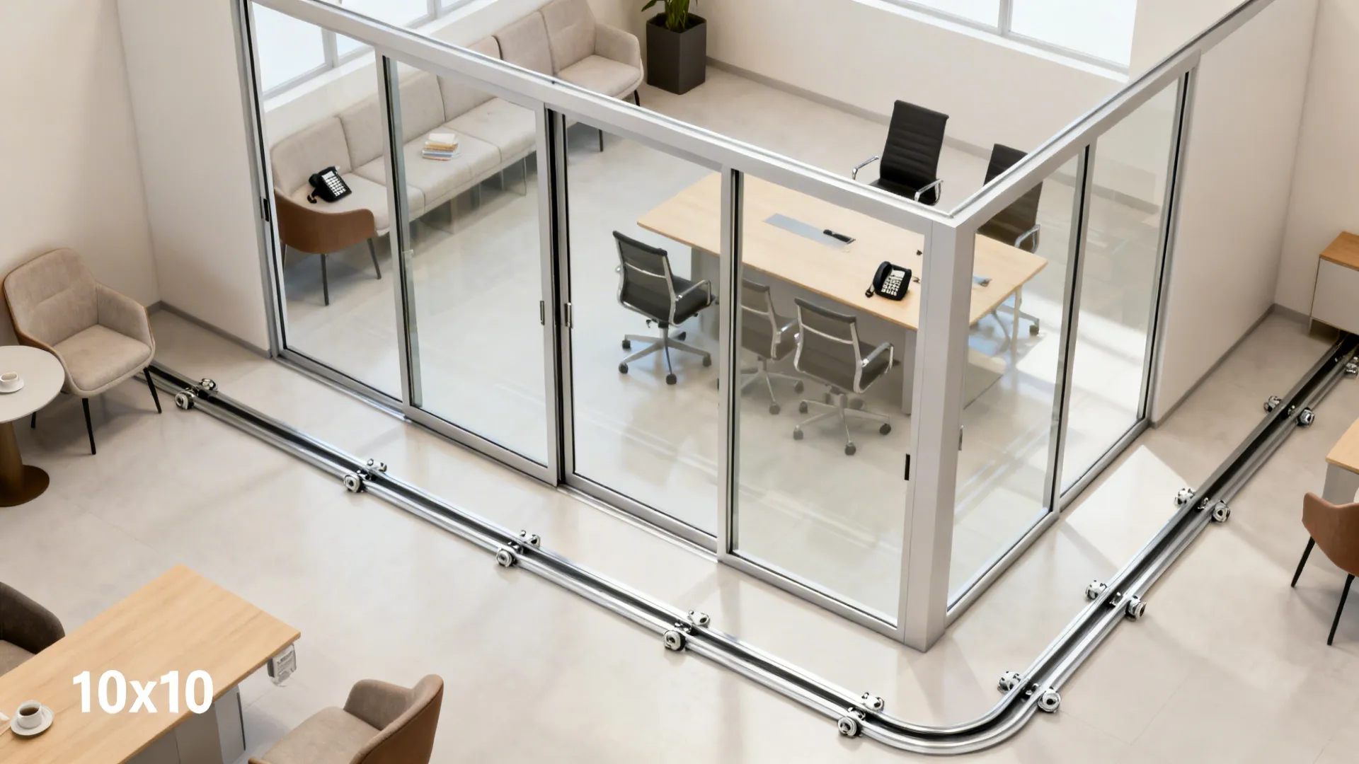 Top-down layout of a 10x10 room showing 3-panel sliding glass positions and furniture flow.