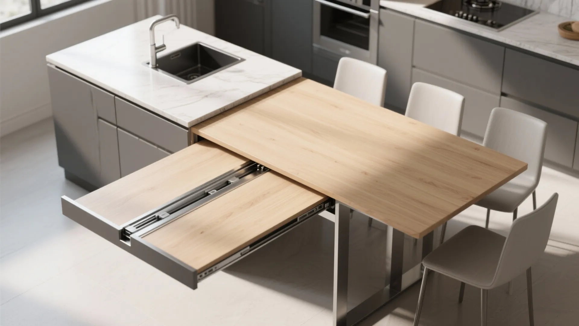 3. Sliding leaf system: continuous worktop, instant dining